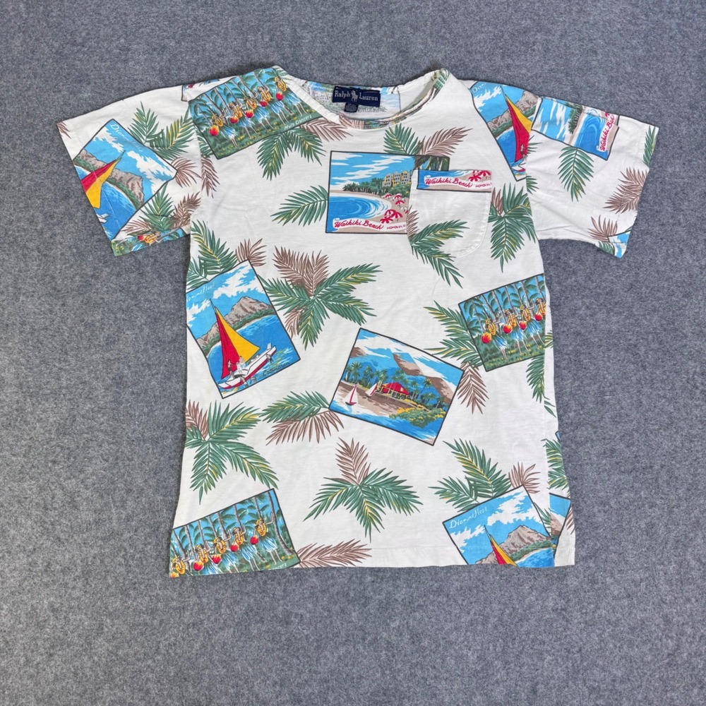 Ralph Lauren T-Shirt Womens Small White VTG 80s Waikiki Beach Hawaii Postcard
